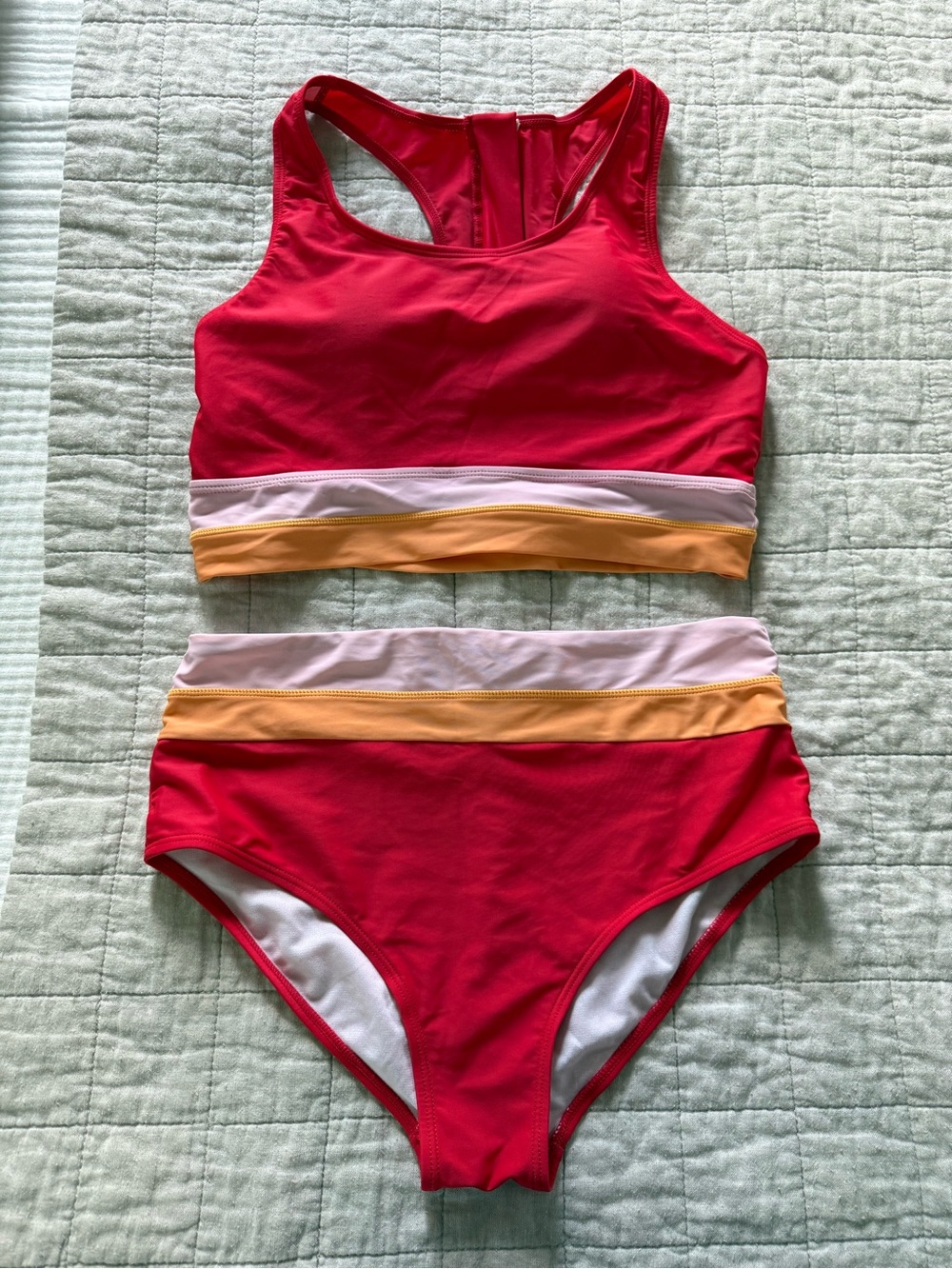 Red Two-Piece High-Waist Swimsuit with Pink and Orange Bands